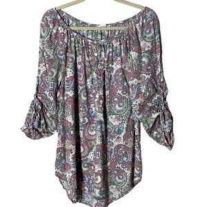 LOGG Scoop Neck Cotton Henley Tunic Blouse. Paisley pastel colors. EUC. Sz8